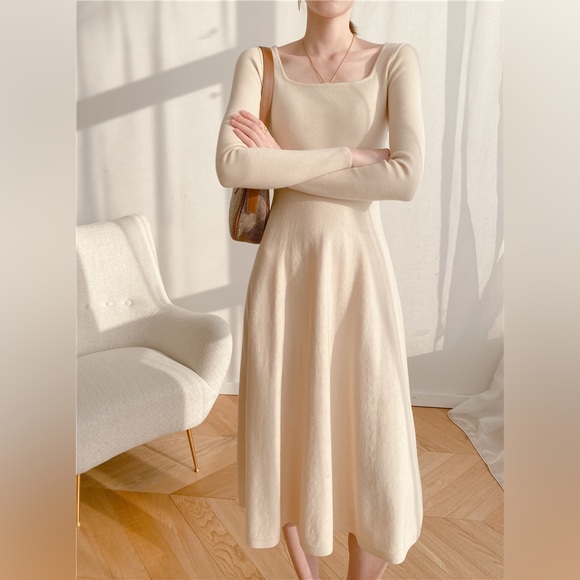 Cream-White Slim Fit Long Sweater Dress - Picture 1 of 8